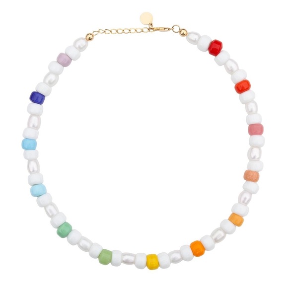 Large Genuine Freshwater Pearl Colorful Glass Beaded Rainbow Choker Necklace - Picture 1 of 7